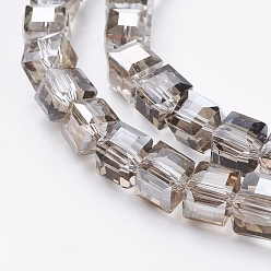 Темный Хаки Гальванические стеклянные бусины, с покрытием цвета радуги, граненые, кубические, Темный хаки, 9x9x9 мм, отверстие : 1 мм