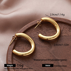 Golden 304 Stainless Steel Stud Earrings for Women, Half Hoop Earrings, Golden, 29x26mm