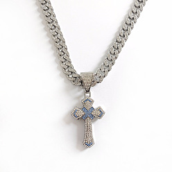 Платина Подвеска в виде креста в стиле хип-хоп из цинкового сплава, полностью украшенная кристаллами и аквамариновыми стразами, религиозная цепочка кубинского плетения для мужчин., платина, 19.69 дюйм (50 см)