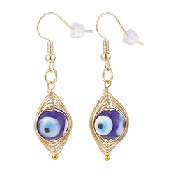 Dark Blue Round Lampwork Evil Eye Braided Dangle Earrings, Brass Wire Wrap Jewelry for Women, Golden, Dark Blue, 46~47mm, Pin: 0.8mm