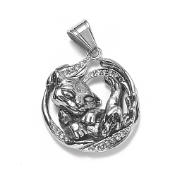 Античное Серебро 304 подвески из нержавеющей стали, с микро проложить кубического циркония, леопард, прозрачные, античное серебро, 35x31x8.5 мм, отверстие : 9.5x7 мм