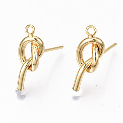 Real 18K Gold Plated Brass Stud Earring Findings, with Loop, Knot, Nickel Free, Real 18K Gold Plated, 26x9mm, Hole: 1.8mm, Pin: 0.7mm