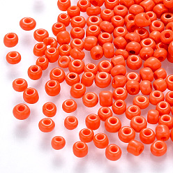 Naranja Rojo 12/0 cuentas redondas de vidrio para pintura para hornear, rojo naranja, 1.5~2x1.5 mm, agujero: 0.5~1 mm, sobre 30000 unidades / libra