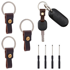 Coconut Brown 4Pcs Rectangle Cowhide & Iron Keychains, with Screwdriver & Split Key Rings, Coconut Brown, 41x15.5x8mm