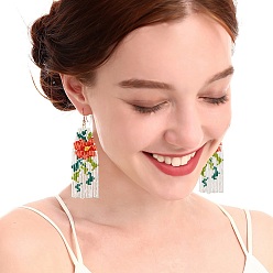 Coral Brass Chandelier Earrings, Glass Seed Beaded Tassel Earrings, Coral, 100x31mm