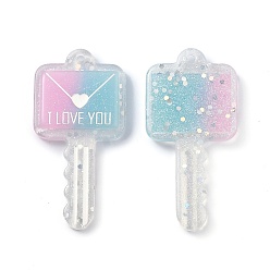 Pink Two Tone Resin Big Pendants, Valentine's Day Theme, Glitter Powder, Envelope Key with Word I LOVE YOU, Pink, 57.5x28x6mm, Hole: 2.3mm