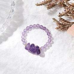 Аметист Кольца с бусинами из натурального аметиста, с латунными бусинами и эластичной хрустальной нитью, внутренний диаметр: 19 мм