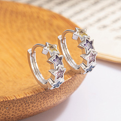 Звезда Серьги-кольца из латуни с разноцветными кубическими циркониями, платина, звезда, внутренний диаметр: 10 мм