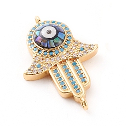 Золотой Соединители из латуни с микропаве и кубическим цирконием, с морским ушком, без кадмия, без никеля и без свинца, hamsa рука / рука fatima / рука miriam, прозрачный и синий, золотые, 26x17x4.8 мм, отверстие : 1.2 мм