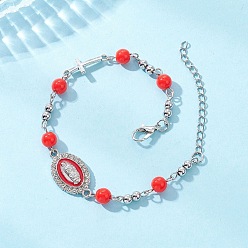 Красный Браслеты из цинкового сплава с эмалированными звеньями, стеклянные бусины jbracelets для женщин, овальный с иисусом и крестом, красные, 7-1/2 дюйм (18.9 см)