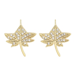Лист Женские серьги-гвоздики из латуни с микропаве и прозрачным кубическим цирконием, реальный 18 k позолоченный, лист, 16x16 мм