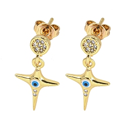 White Star Golden Brass Dangle Stud Earrings, with Enamel and Cubic Zirconia, White, 20x10.5mm