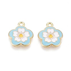 Небесно-голубой Подвески из сплава и эмали, цветок, золотой свет, голубой, 17~17.5x15x2 мм, отверстие : 1.8 мм