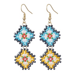 Золотой Болтающие серьги из стекла, с 304 швензами из нержавеющей стали, ромб, золотые, 63x21 мм