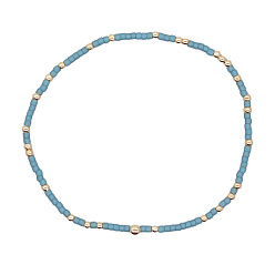 Темно-Голубой Минималистичные браслеты из стеклянных бусин и латунных бусин для женщин, круглые, золотые, глубокое синее небо, 6.89 дюйм (17.5 см)