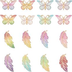 Mixed Color Transparent Acrylic Big Pendants, with Plated Bottom, Leaf and Butterfly, Mixed Color, 23~61.5x27~38x3.4~5mm, Hole: 1.2mm, 64pcs/box