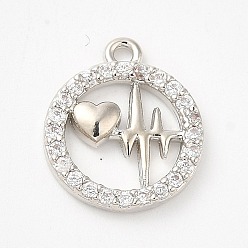 Platinum Brass Micro Pave Cubic Zirconia Pendants, Lead Free & Cadmium Free, Long-Lasting Plated, Real 18K Gold Plated, Heart Charm, Platinum, 14x12x2mm, Hole: 1.2mm