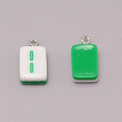 Grün Harzanhänger, mit Eisen-Befund, Nachahmung von Mahjong-Fliesen, grün, Rechteck, zwei von Bambus, 19.5~20.5x11.5x7~7.5 mm, Bohrung: 2 mm