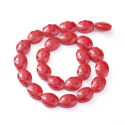 Red Pearl Luster Plated Glass Bead Strands, Faceted Oval, Red, 16x12x7~7.5mm, Hole: 1mm, about 24pcs/strand, 15 inch