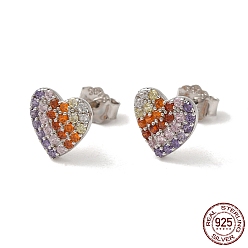 Real Platinum Plated Heart Rhodium Plated 925 Sterling Silver Stud Earrings, with Colorful Cubic Zirconia, with S925 Stamp, Real Platinum Plated, 9x9mm