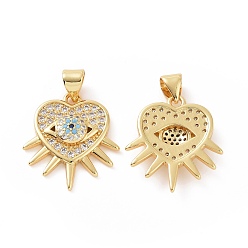 Golden Brass Micro Pave Cubic Zirconia Pendants, Heart with Evil Eye Charm, Golden, 24x17.5x3.5mm, Hole: 5x3mm