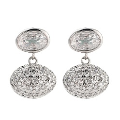 Платина Латунные серьги-гвоздики с овальным покрытием, с четким кубического циркония, без кадмия и без свинца, долговечный, платина, 14x9.5 мм