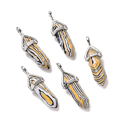 Малахит Подвески с заостренными концами из синтетического белого малахита, граненые, с латунной фурнитурой платинового цвета, без свинца и без кадмия, пуля, 27~30x9~10x7~8 мм, отверстие : 4x3 мм