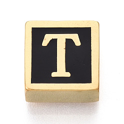 Letter T 304 Квадратные распорные планки из нержавеющей стали с черным эмалевым покрытием, 2-луночное, ионное покрытие (ip), реальный 18 k позолоченный, Письмо T, 12x12x6 мм, отверстие : 4.5 мм