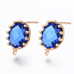 Mixed Color Brass Stud Earring Findings, with Glass and Loop, Long-Lasting Plated, Oval, Light Gold, Mixed Color, 11.5x7.5mm, Hole: 1mm, Pin: 0.7mm
