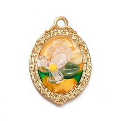 Золотистый Стойки обшивки сплава эмали подвески, cmолой, золотые, овал с цветочной подвеской, золотые, 31x21x7 мм, отверстие : 2.5 мм