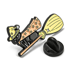 Cat Shape Animal Magician on the Broom Enamel Pins, Black Alloy Brooches for Backpack Clothes, Cat Shape, 20.5x33.5x1.5mm