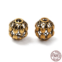 Antique Golden 925 Sterling Silver Beads, Hollow Oval with Heart, with S925 Stamp, Antique Golden, 9x8mm, Hole: 2mm