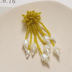 Желтый Серьги-гвоздики с кисточками из стеклянных бусин ручной работы, с пластиковой жемчужины, желтые, 70 мм