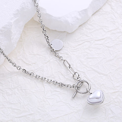 Нержавеющая Сталь Цвет Ожерелья из нержавеющей стали с имитацией жемчуга в форме сердца и о-образным креплением для женщин во французском стиле, белые, цвет нержавеющей стали