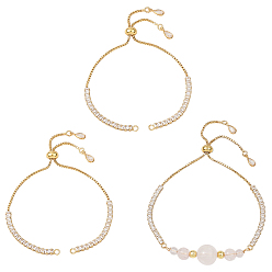 Настоящее золото 18K 3шт. латунный браслет-слайдер с прозрачным кубическим цирконием, реальный 18 k позолоченный, 8-5/8 дюйм (22 см), отверстие : 1.8 мм