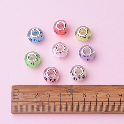 Mixed Color Acrylic European Beads, with Silver Color Plated Brass Double Cores, Large Hole Beads, Rondelle with Dog Paw Prints Pattern, Mixed Color, 14x9~10mm, Hole: 5mm, 8colors, 10pcs/color, 80pcs/box