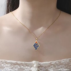 Oro 304 Collares con colgante de ola marina azul y sol en acero inoxidable esmaltado para mujer, rombo, dorado, 17.72 pulgada (45 cm), colgante: 19.8x31.8 mm