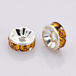 Topaz Brass Rhinestone Spacer Beads, Grade AAA, Straight Flange, Nickel Free, Silver Color Plated, Rondelle, Topaz, 4x2mm, Hole: 0.8mm