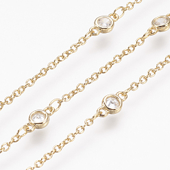 Real 18K Gold Plated Handmade Brass Cubic Zirconia Chains, Soldered, Long-Lasting Plated, Real 18K Gold Plated, 8x4x2mm