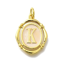 Letter K Латунные подвески, с эмалью, овальный с буквой, реальный 18 k позолоченный, с целью перехода в кольце, Письмо K, 20x15~15.5x2 мм, отверстие : 3.5 мм