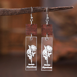 November Chrysanthemum Акриловые серьги с подвесками в богемном стиле с цветком рождения, нержавеющей стали, украшения для женщин, платина, ноябрьская хризантема, 80x15 мм