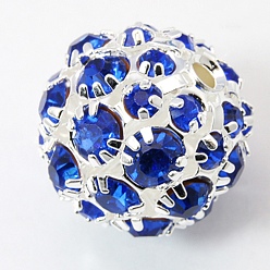 Синий Латунные бусины со стразами , класс А, круглые, синие, 20 мм, отверстие : 2.5 мм