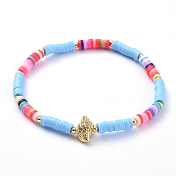 Light Sky Blue Handmade Polymer Clay Heishi Bead Stretch Bracelets, with Conch Shape Brass Clear Cubic Zirconia Beads and Round Brass Beads, Light Sky Blue, 2-1/4 inch(5.7cm)
