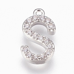 Letter S Подвески из латунной буквы, с кубического циркония, без свинца, без кадмии и без никеля, долговечный, платина, letter.s, 15.5x8x2 мм, отверстие : 1.2 мм