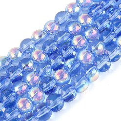 Cornflower Blue Electroplate Transparent Glass Beads Strands, Round, AB Color Plated, Cornflower Blue, 4mm, Hole: 0.6~0.7mm, about 98~109pcs/strand, 14.57~15.55 inch(37~39.5cm)