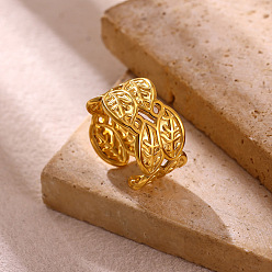 Golden 304 Stainless Steel Cuff Open Rings, Leaf, Golden, 18mm