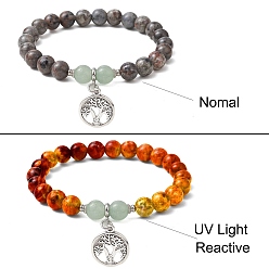 Зеленый Авантюрин Браслеты из натуральных флуоресцентных сиенитовых камней и зеленого авантюрина с круглыми бусинами, Женские браслеты с подвесками из сплава «Древо жизни», внутренний диаметр: 2-3/8 дюйм (6.1 см)