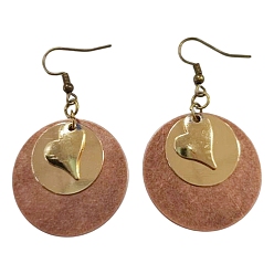 Red Copper Alloy Dangle Earrings, Flat Round & Heart, Red Copper, 44x29mm