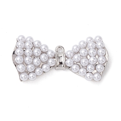Platinum Rack Plating Brass Pendants, with Plastic Pearl Beads, Long-Lasting Plated, Lead Free & Cadmium Free, Bowknot, Platinum, 14x29.5x3mm, Hole: 1.4mm