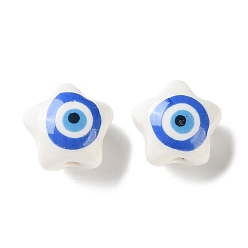 Estrella Cuentas de cerámica y porcelana pintadas a mano con base blanca y ojo turco azul, estrella, 12x12x9 mm, agujero: 3 mm